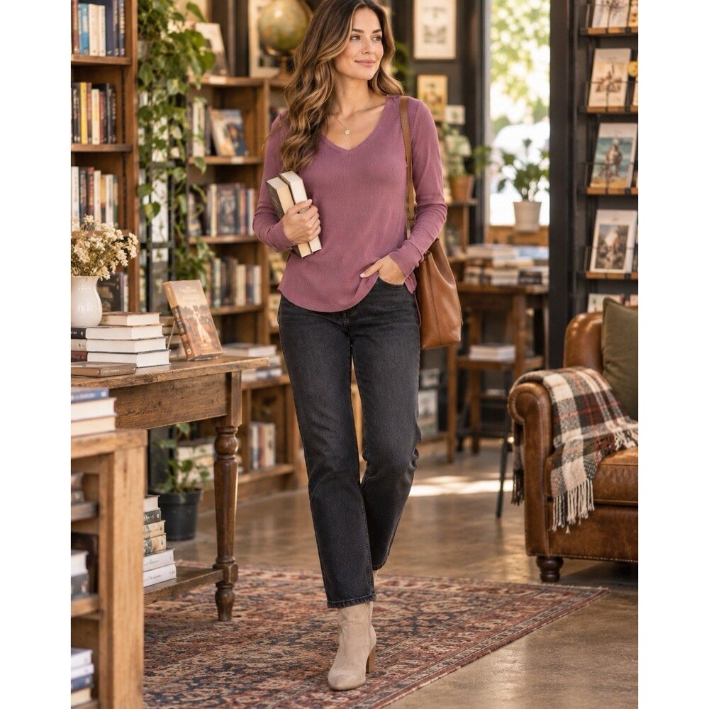 Mia & Tess Womens M Mauve Ribbed Micro Modal V Neck Long Sleeve Tunic Top
